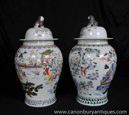 Pair Chinese Porcelain Ginger Urns - Qianlong  Vases Jars Qing Pottery